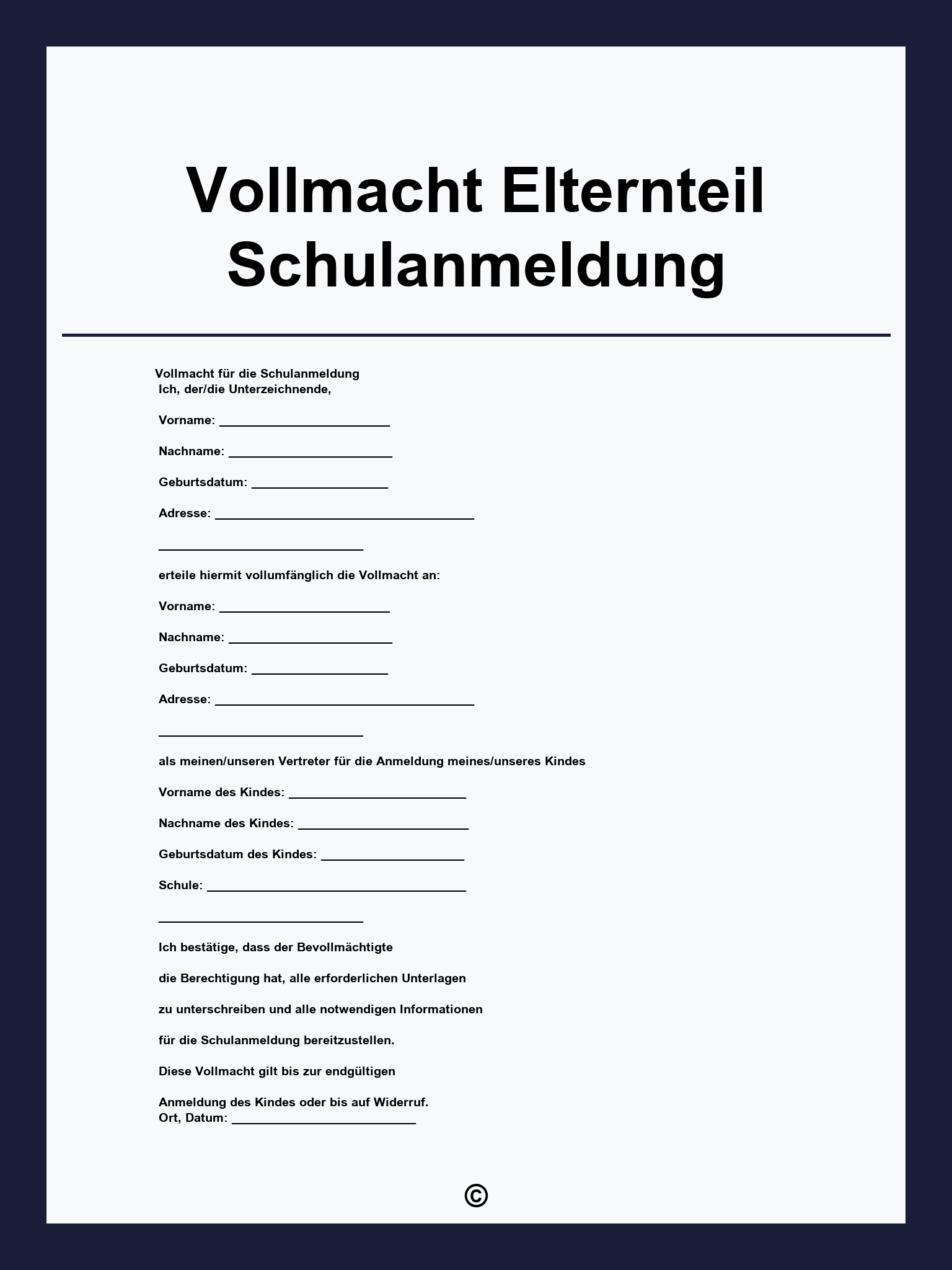 Vollmacht Elternteil Schulanmeldung